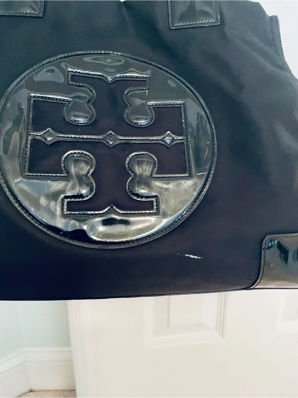 Tory Burch Black Nylon Ella Large Tote Bag Patent Logo